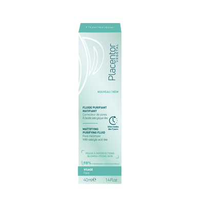 PLACENTOR valomasis, matinį efektą suteikiantis fluidas mišriai, riebiai odai 40ml