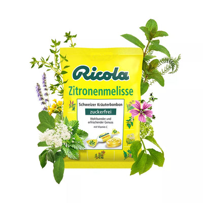 RICOLA ZITRONENMELISSE citrinų ir melisų skonio pastilės su žolelėmis, BE CUKRAUS, su saldikliais, 75g
