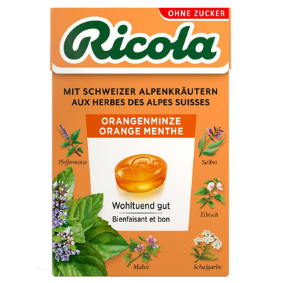 RICOLA ORANGENMINZE imbiero ir apelsinų mėtų skonio pastilės, 50g