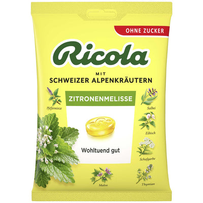 RICOLA ZITRONENMELISSE citrinų ir melisų skonio pastilės su žolelėmis, BE CUKRAUS, su saldikliais, 75g